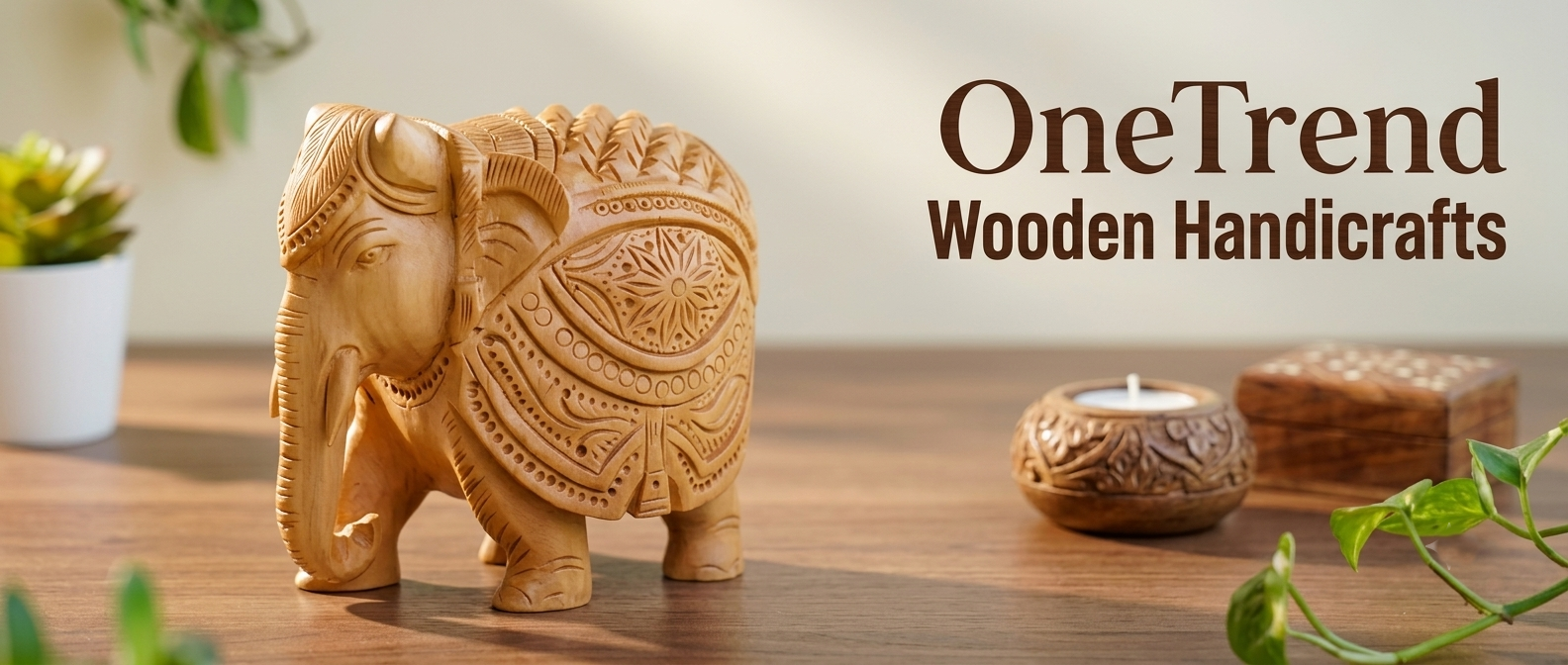 Indian artisans crafting wholesale wooden home decor items at OneTrend manufacturing facility in India