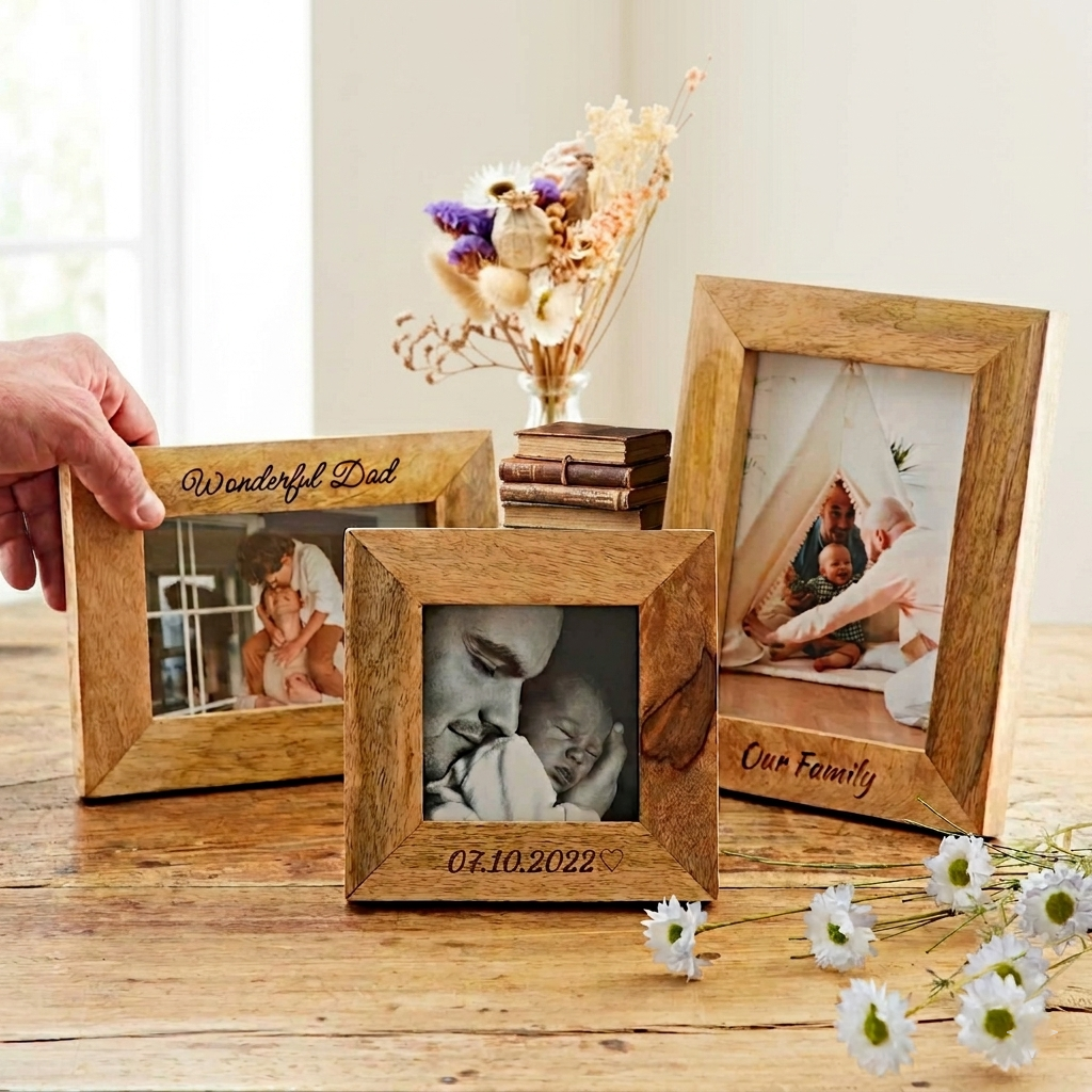 Handcrafted wooden photo frames in decorative designs and premium finishes displayed as elegant home décor accessories.
