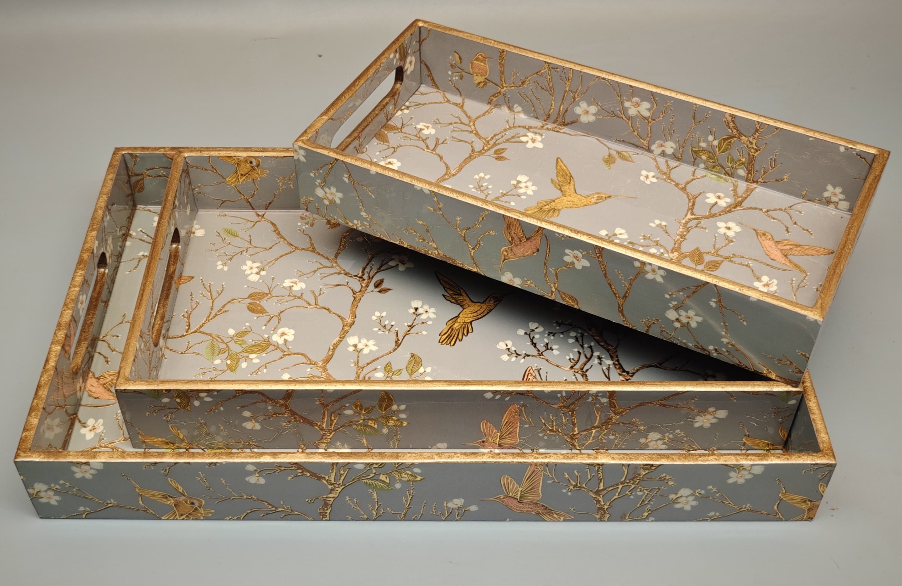 Bird Floral Wooden Serving Tray Set handcrafted for wholesale export