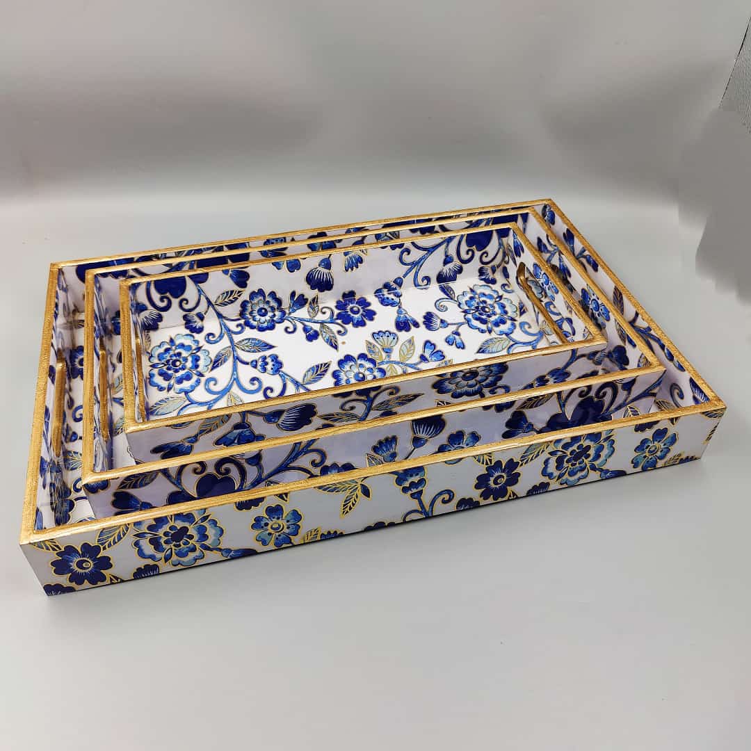 Handcrafted blue floral wooden serving tray set with elegant gold border.
