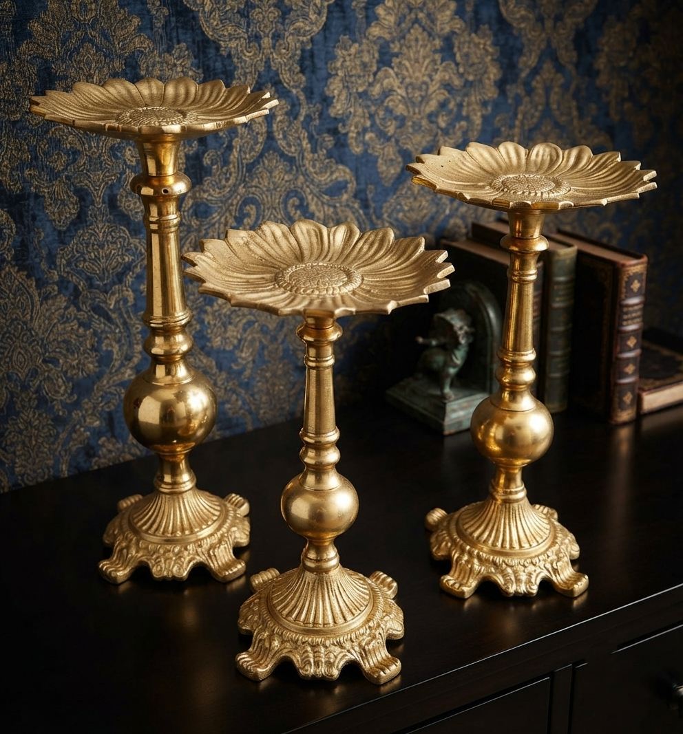 Handcrafted Brass Lotus Flower Pedestal Urli Stand Set in Polished Gold Finish for Home Decor, Wedding Decoration, Temple Decor and Wholesale Export from India