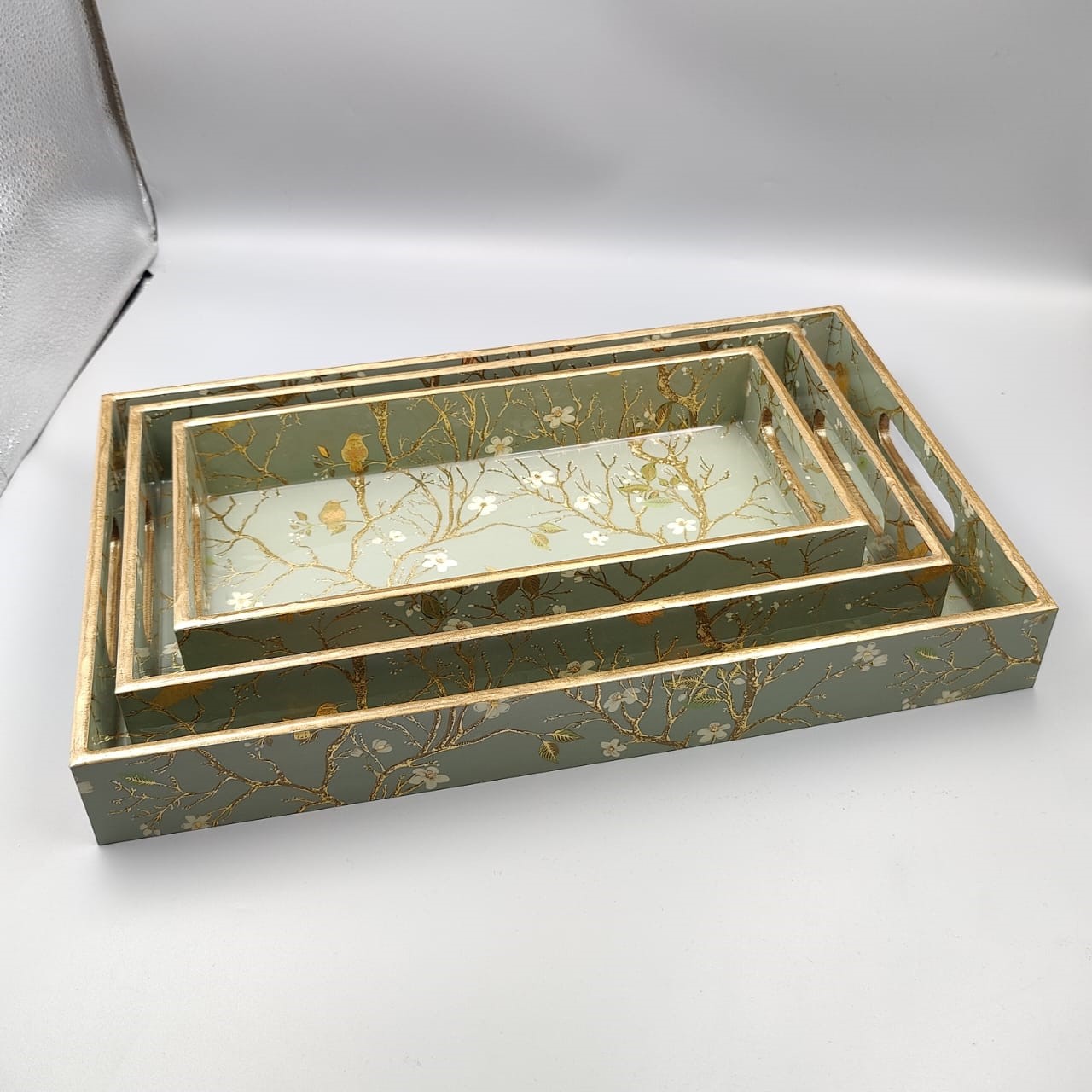 Decorative Floral Nesting Serving Tray Set with Botanical Design