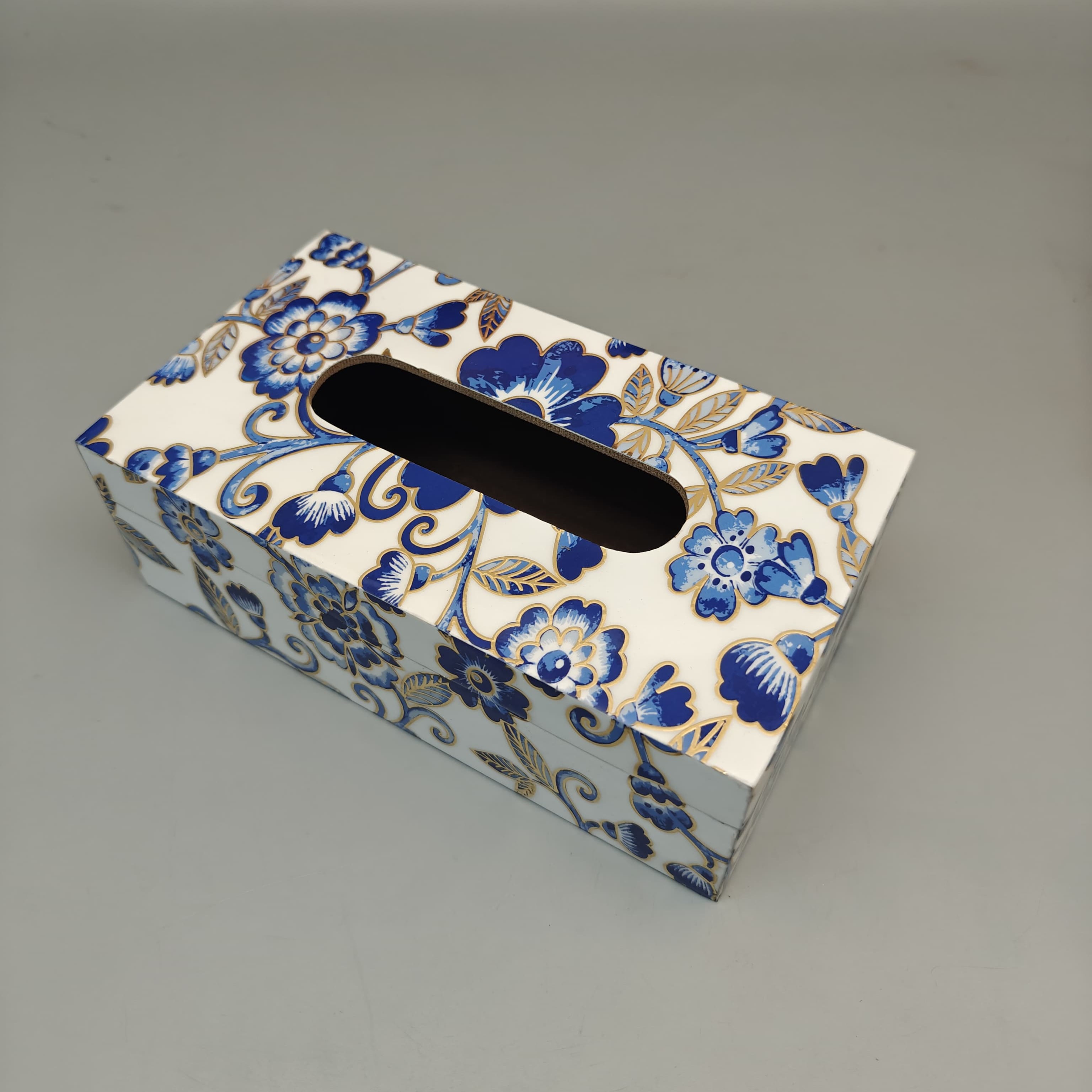 Decorative Wooden Tissue Box Cover with blue floral design for wholesale export
