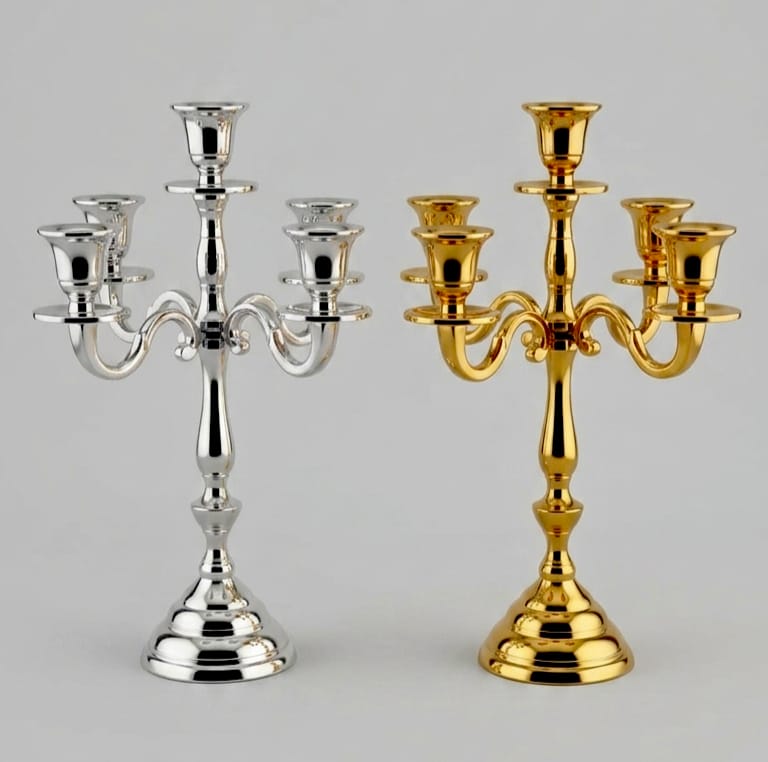 Five arm metal candelabra in polished gold and silver finish