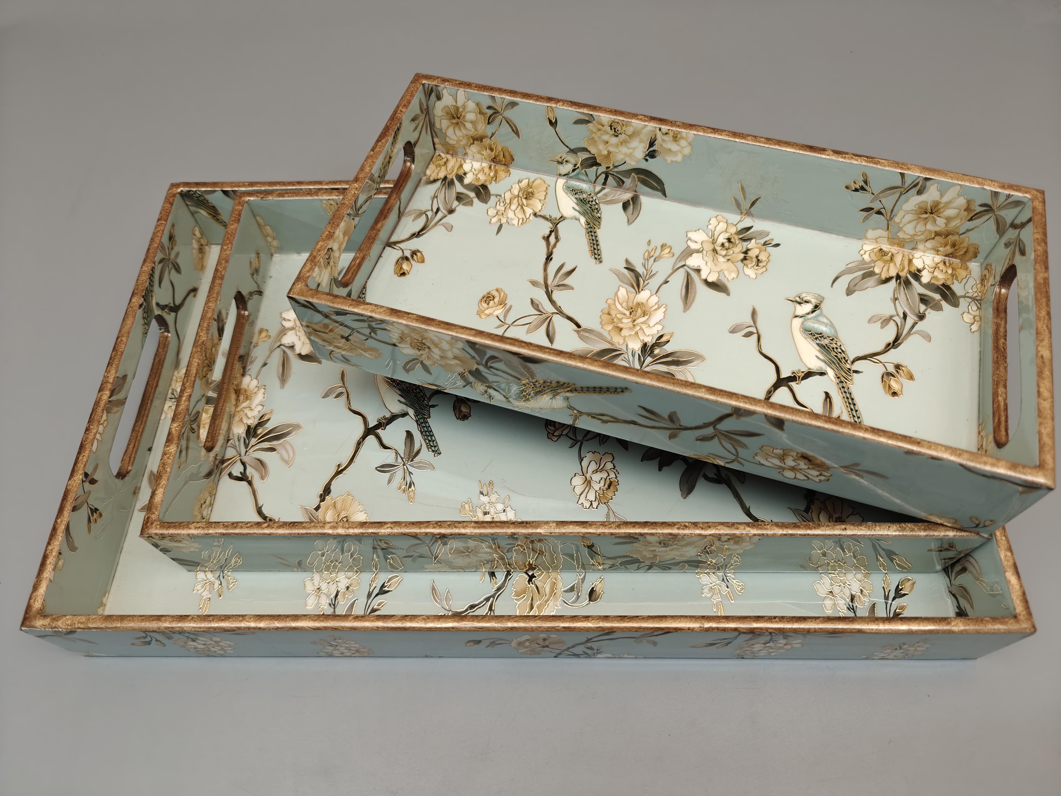Floral Bird Nesting Serving Tray Set with Antique Gold Border