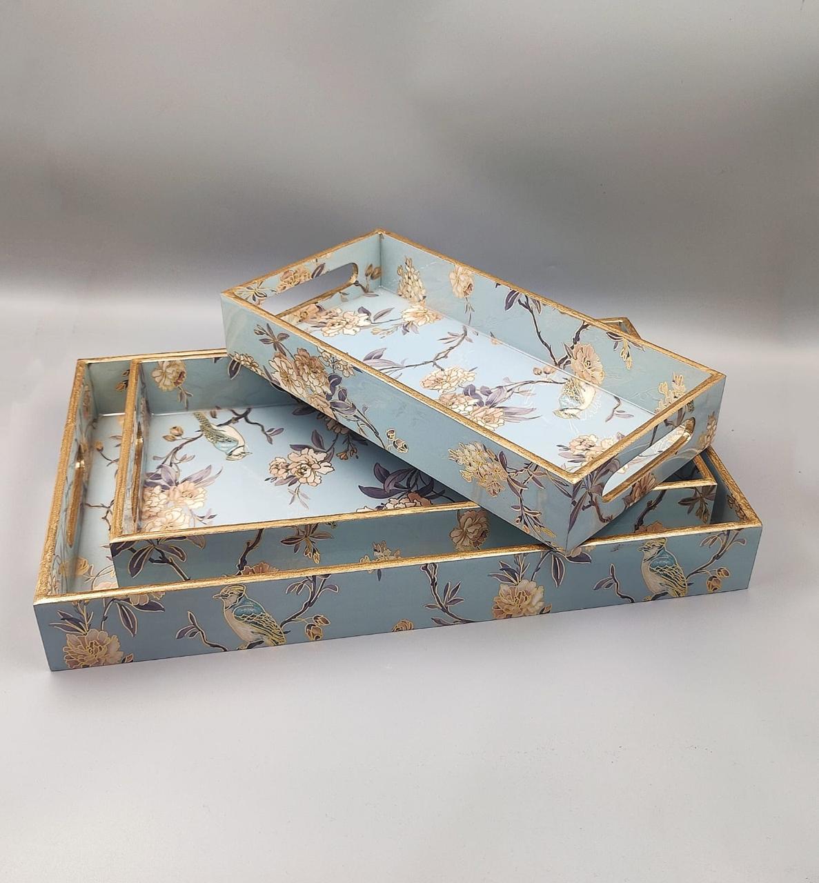 Floral Nesting Serving Tray Set with Bird and Floral Design