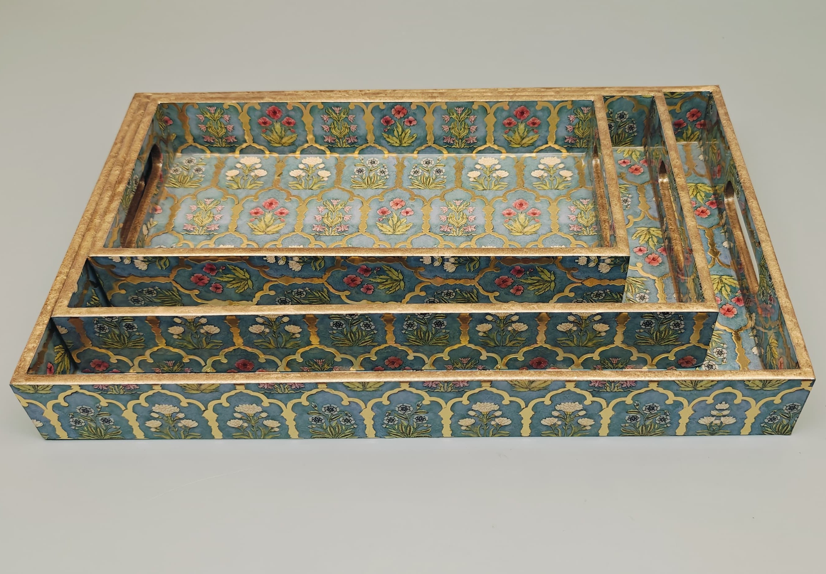 Floral Wooden Serving Tray Set handcrafted for wholesale export