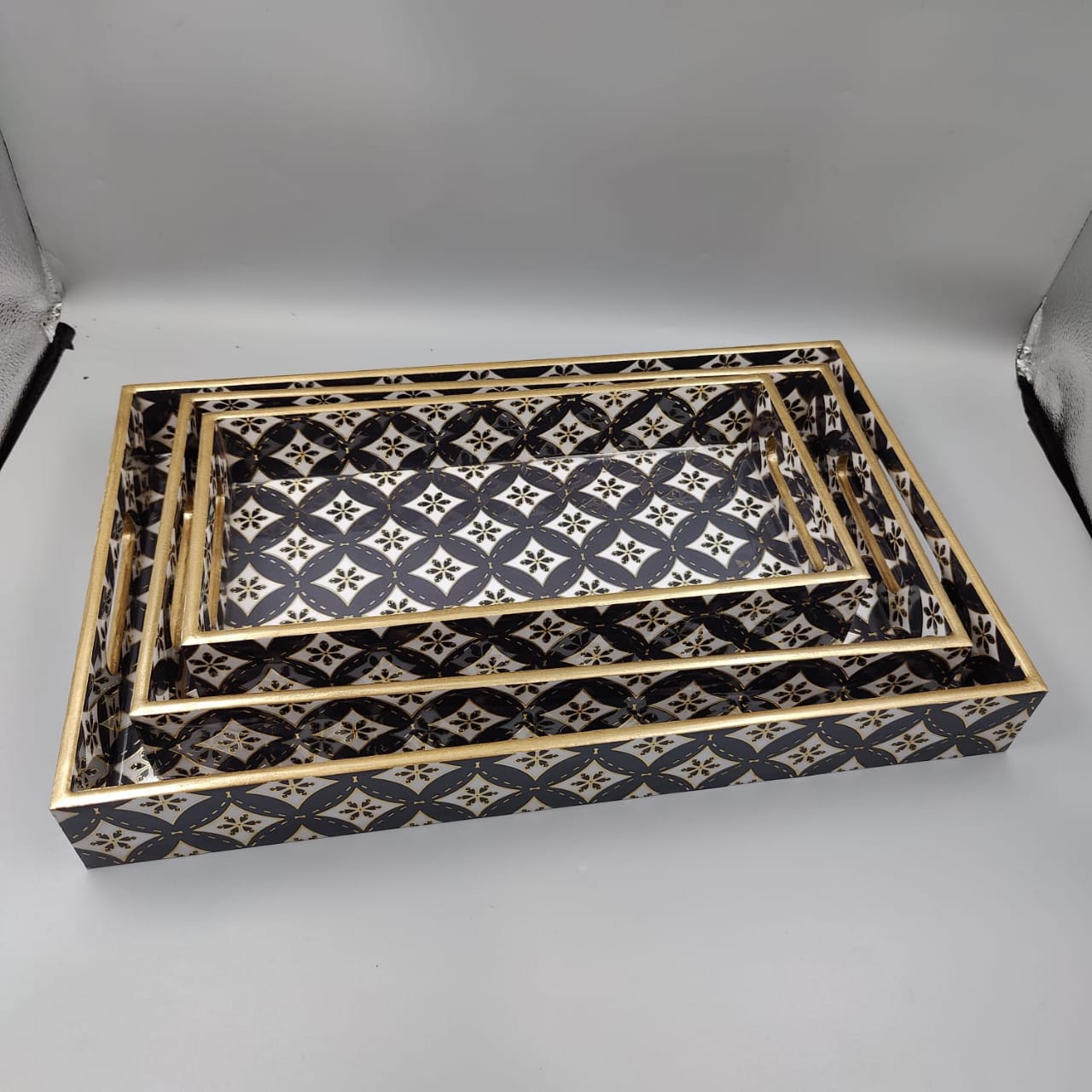 Geometric Nesting Serving Tray Set with Gold Accent Border