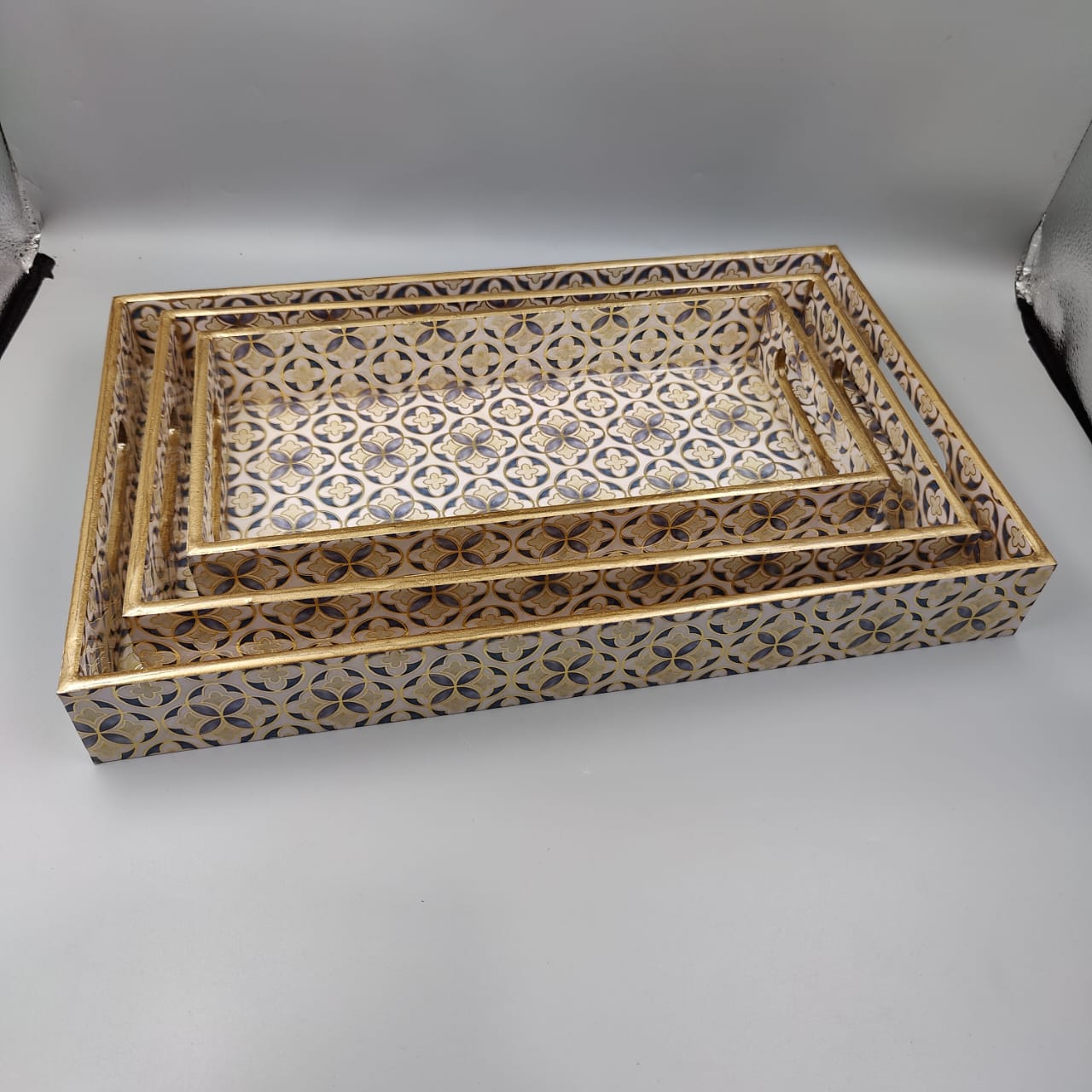 Geometric Wooden Serving Tray Set handcrafted for wholesale export