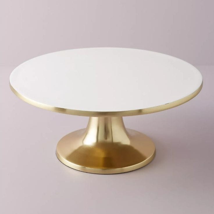 Gold metal round cake stand with white display top for wholesale export