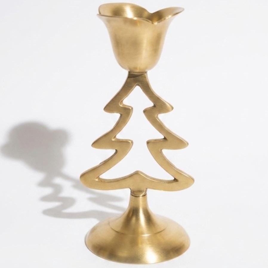 Handcrafted Christmas tree metal candle holder with antique gold finish