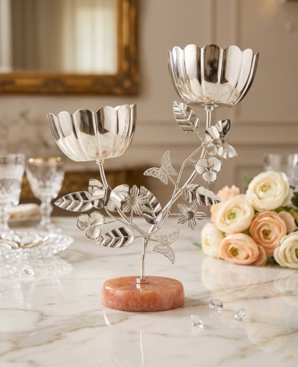 Handcrafted decorative floral double candle holder with marble base