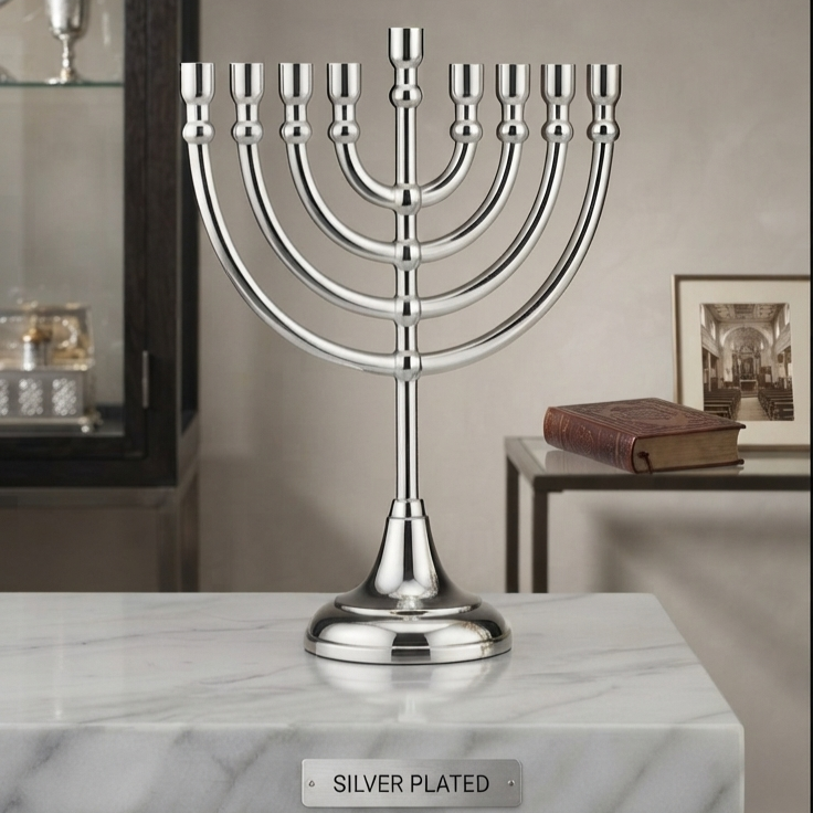Handcrafted Silver Plated Brass Seven-Branch Menorah Candle Holder with Mirror Finish for Religious Ceremonies, Hanukkah Celebrations, Luxury Home Décor and Global Wholesale Export