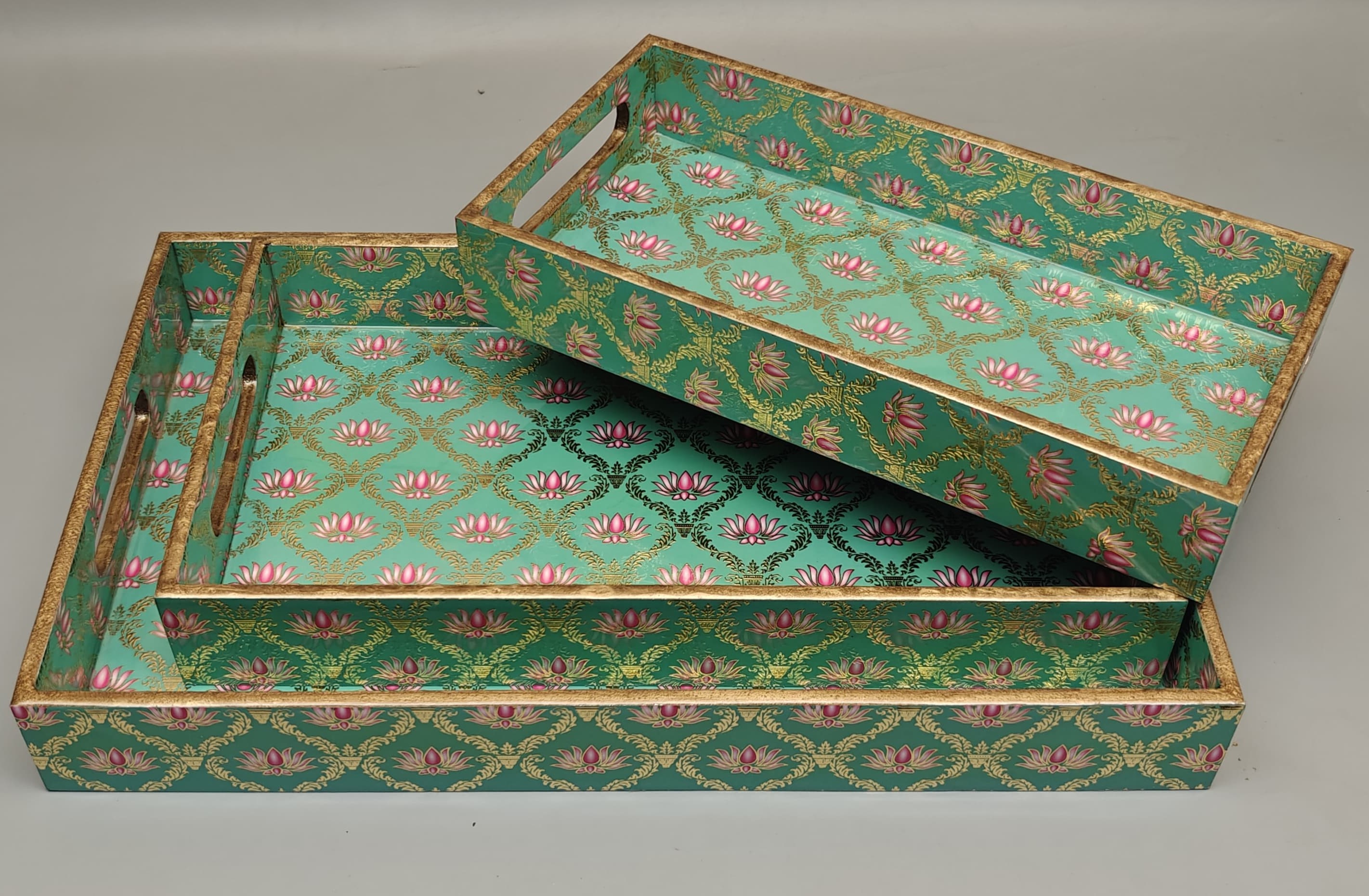 Lotus Pattern Wooden Serving Tray Set handcrafted for wholesale export