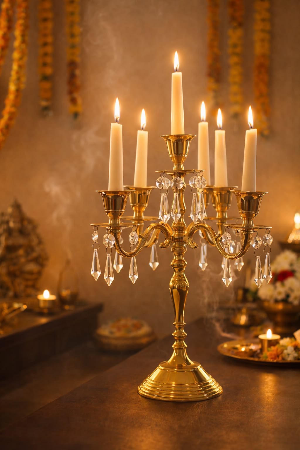 Luxury 5 arm brass crystal candelabra for wedding centerpiece