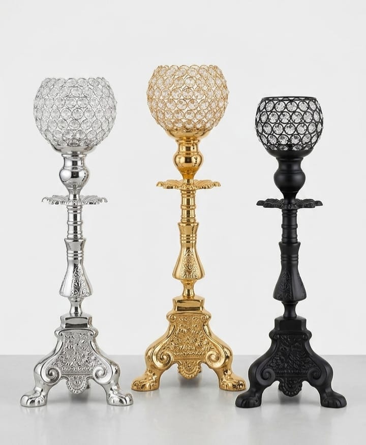 Luxury crystal globe metal candle holder stand in gold silver and black finish