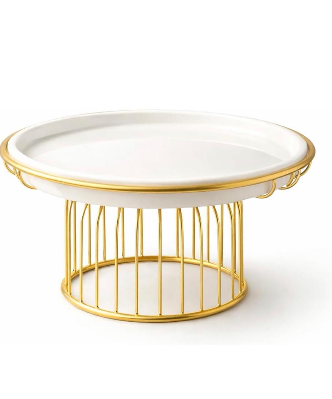 Luxury gold metal cake stand with white marble top for elegant dessert display