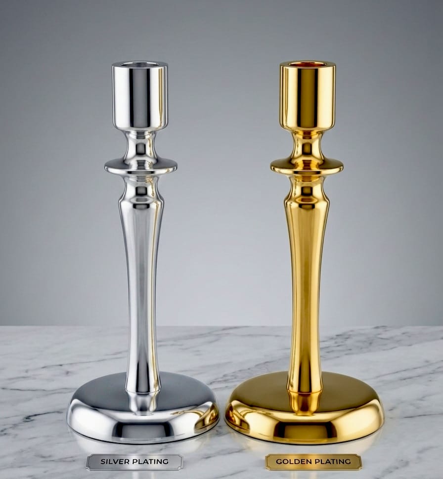 Luxury metal taper candle stand in polished gold and silver finish