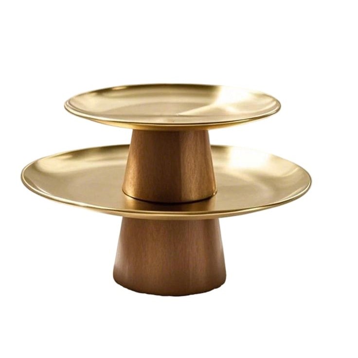 Luxury metal and wooden cake display stand with gold serving tray