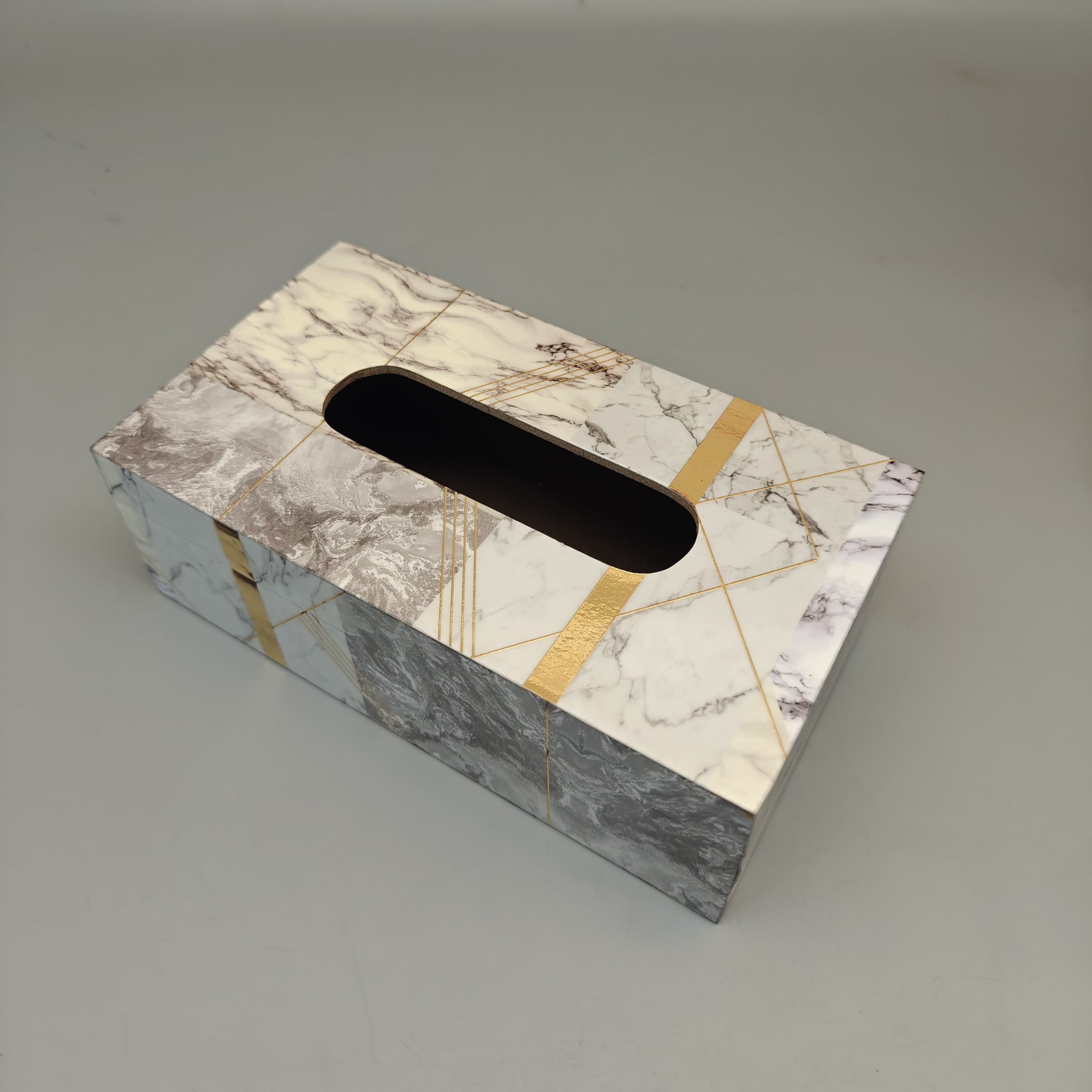 Marble Design Tissue Box Cover with Gold Geometric Accents