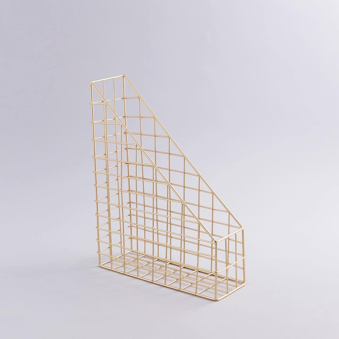 Modern brass mesh magazine holder for office organization