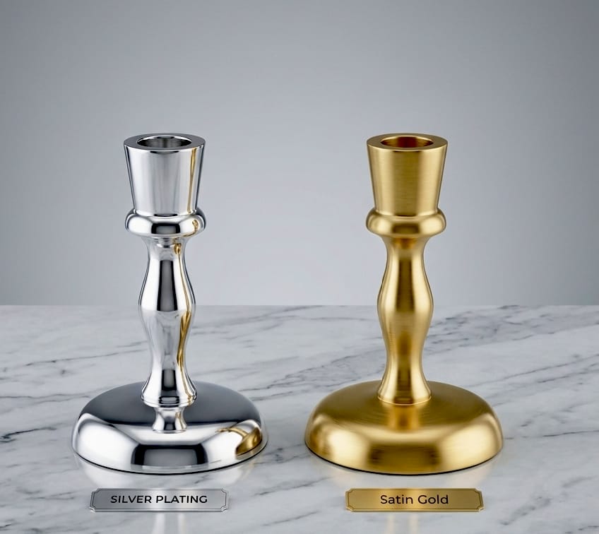 Modern satin finish metal candle holder in polished silver and gold finish