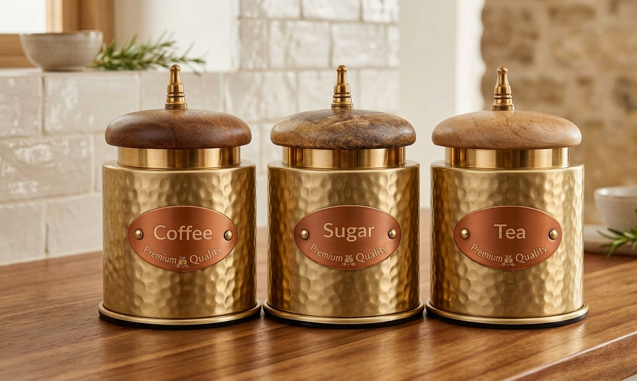 Premium Handmade Brass Coffee Tea Sugar Canister Set with Wooden Lid – Export Quality Handcrafted Kitchen Storage Containers by OneTrend India