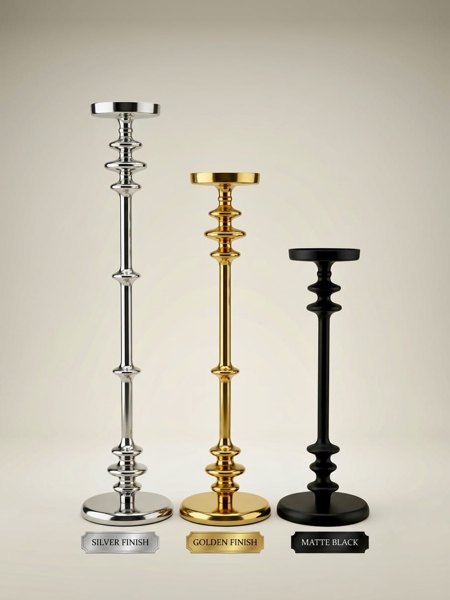 Tall decorative metal pillar candle holder in silver, gold, and matte black finishes