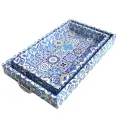 Blue Floral Nested Decorative Serving Tray Set with Metal Handles