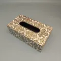 Handcrafted floral wooden tissue box cover with elegant gold and ivory decorative pattern.