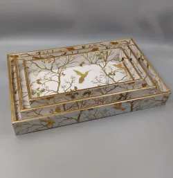 Bird Design Nesting Tray Set with Gold Botanical Artwork
