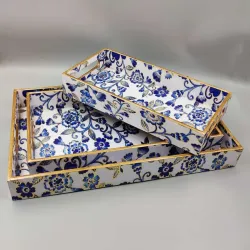 Blue Floral Decorative Serving Tray Set