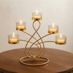 Handcrafted Brass 5-Light Tealight Candle Holder with Clear Glass Votive Cups in Antique Gold Finish for Home Decor, Wedding Centerpieces, Hotel Decoration and Wholesale Export from India