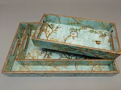 Decorative Wooden Serving Tray Set with Bird Floral Design