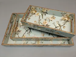 Floral Bird Nesting Serving Tray Set with Antique Gold Border