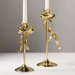 Gold brass bow ribbon taper candle holder set for wholesale export