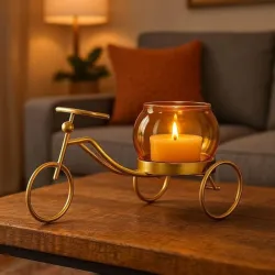 Gold metal bicycle candle holder with glass hurricane for wholesale export