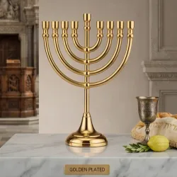Handcrafted Golden Brass Menorah Candle Holder with Seven Branches for Religious Ceremonies, Home Decor, Temple Display, Gifting and Wholesale Export from India