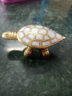 Handcrafted brass turtle figurine with mother of pearl shell inlay