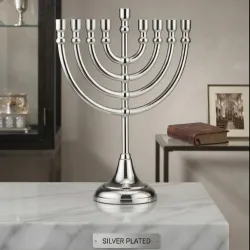 Handcrafted Silver Plated Brass Seven-Branch Menorah Candle Holder with Mirror Finish for Religious Ceremonies, Hanukkah Celebrations, Luxury Home Décor and Global Wholesale Export