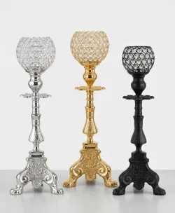 Luxury crystal globe metal candle holder stand in gold silver and black finish