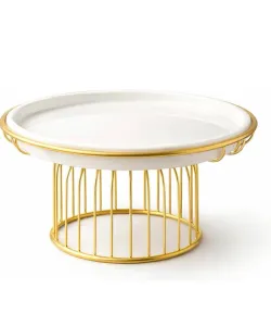 Luxury gold metal cake stand with white marble top for elegant dessert display