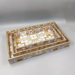 Rectangular agate pattern decorative tray set with gold edge made from MDF wood or resin