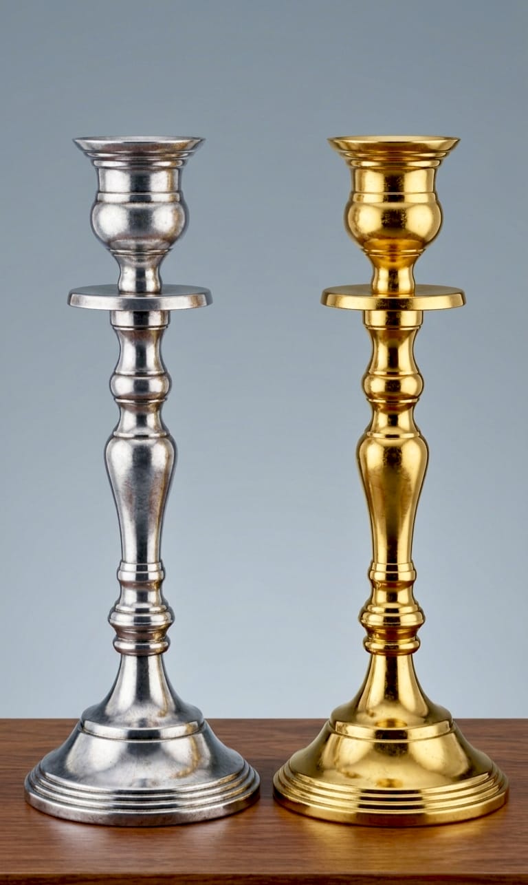 Vintage metal candle holder stand in gold and antique silver finish
